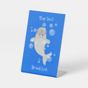 Cute happy narwhal bubbles cartoon illustration pedestal sign