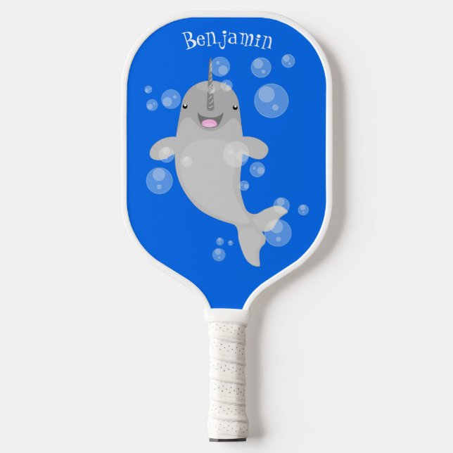 Cute happy narwhal bubbles cartoon illustration pickleball paddle (Front)