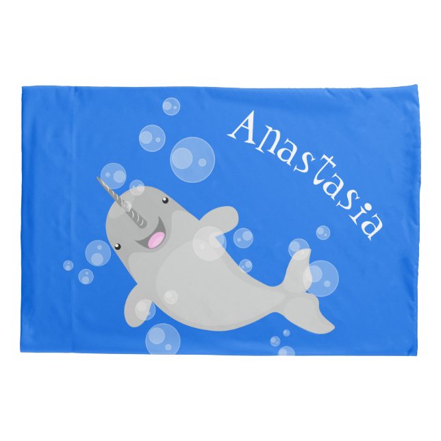 Cute happy narwhal bubbles cartoon illustration pillowcase (Back)