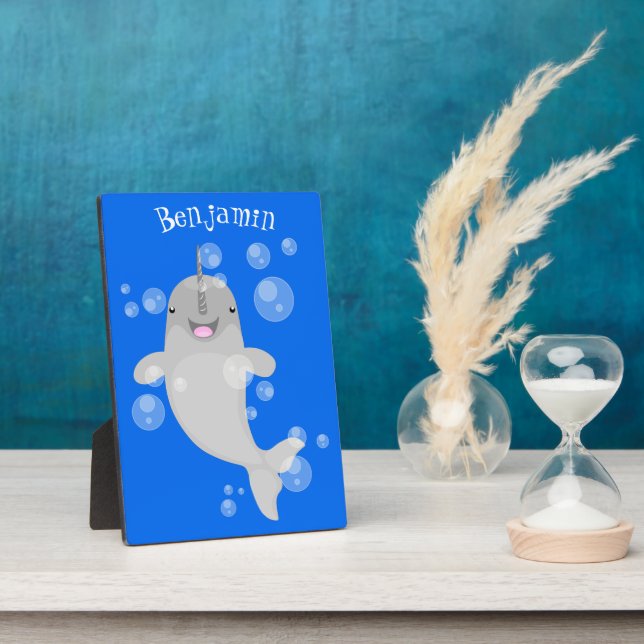 Cute happy narwhal bubbles cartoon illustration plaque (Side)