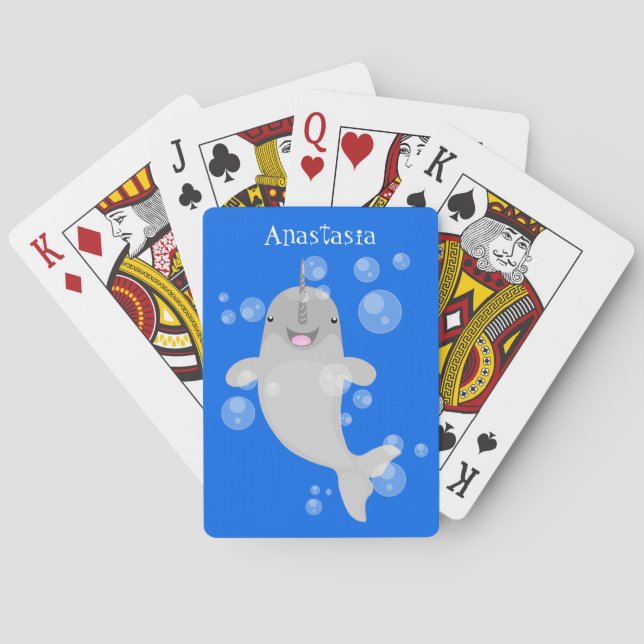 Cute happy narwhal bubbles cartoon illustration playing cards (Back)