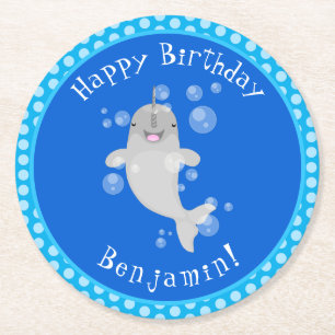 Cute happy narwhal bubbles cartoon illustration round paper coaster