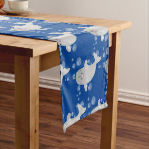 Cute happy narwhal bubbles cartoon illustration short table runner