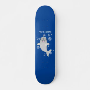 Cute happy narwhal bubbles cartoon illustration skateboard