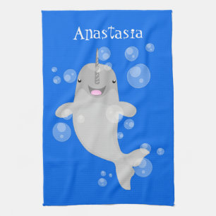 Cute happy narwhal bubbles cartoon illustration tea towel