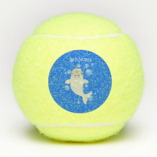 Cute happy narwhal bubbles cartoon illustration tennis balls