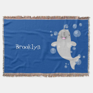 Cute happy narwhal bubbles cartoon illustration throw blanket