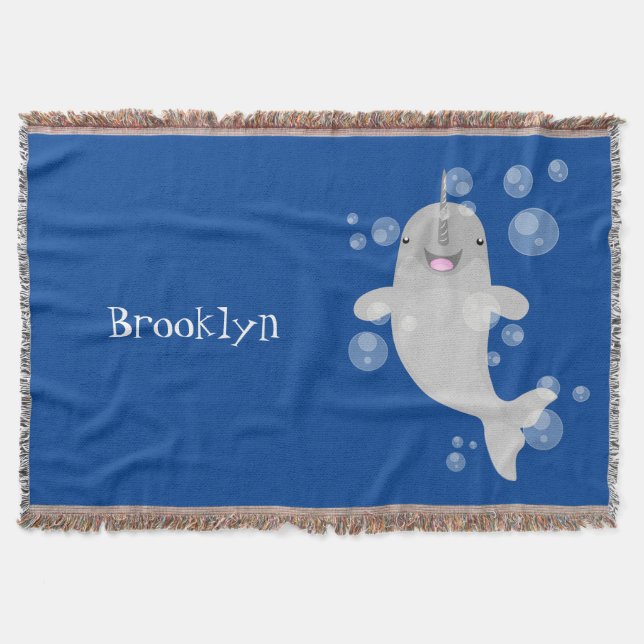 Cute happy narwhal bubbles cartoon illustration throw blanket (Front)