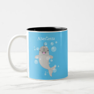 Cute happy narwhal bubbles cartoon illustration Two-Tone coffee mug