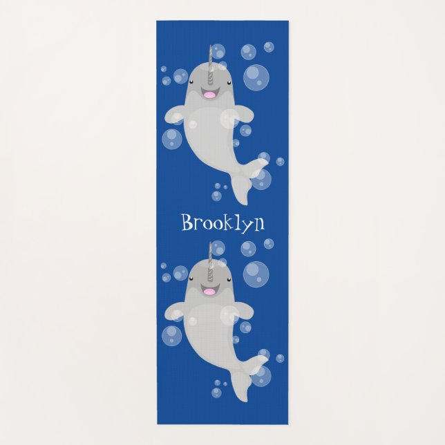 Cute happy narwhal bubbles cartoon illustration yoga mat (Front)
