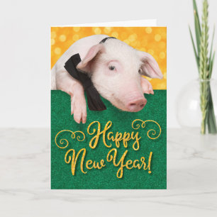 Cute Happy New Year Pig With Bow Tie and Glitter Card