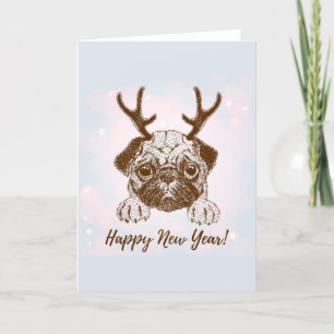 Cute Happy New Year Reindeer Pug Holiday Card