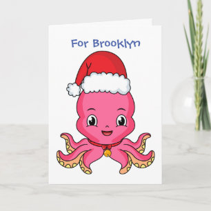 Cute happy octopus wearing Christmas hat cartoon Card