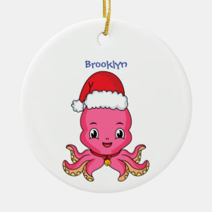 Cute happy octopus wearing Christmas hat cartoon Ceramic Ornament