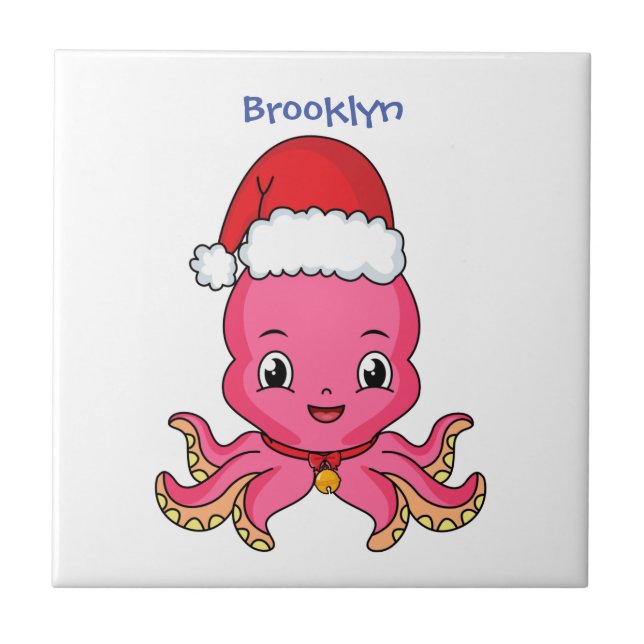 Cute happy octopus wearing Christmas hat cartoon Ceramic Tile (Front)