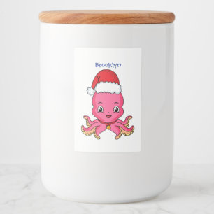 Cute happy octopus wearing Christmas hat cartoon Food Label