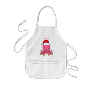 Cute happy octopus wearing Christmas hat cartoon Kids Apron