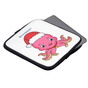 Cute happy octopus wearing Christmas hat cartoon Laptop Sleeve