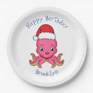 Cute happy octopus wearing Christmas hat cartoon Paper Plate