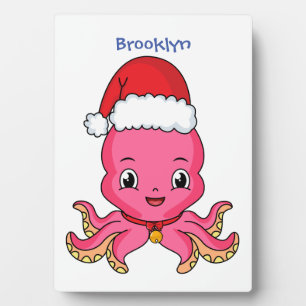 Cute happy octopus wearing Christmas hat cartoon Plaque