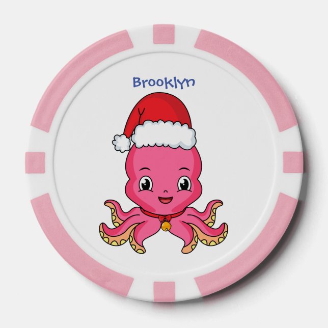 Cute happy octopus wearing Christmas hat cartoon Poker Chips (Front)