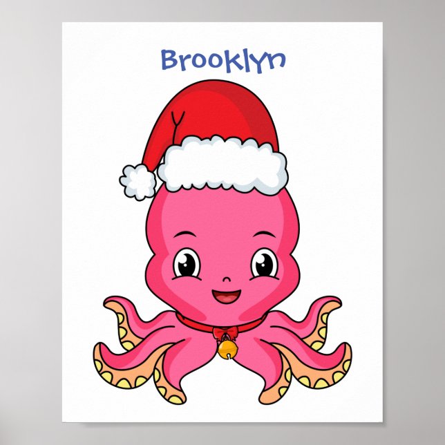 Cute happy octopus wearing Christmas hat cartoon Poster (Front)