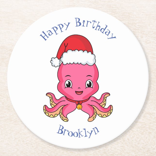 Cute happy octopus wearing Christmas hat cartoon Round Paper Coaster (Front)