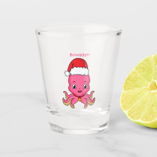Cute happy octopus wearing Christmas hat cartoon Shot Glass (Front)