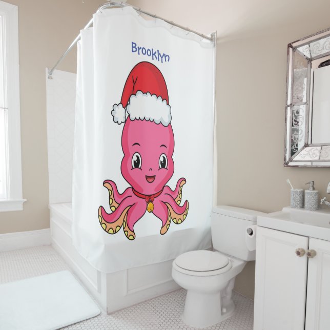 Cute happy octopus wearing Christmas hat cartoon Shower Curtain (In Situ)
