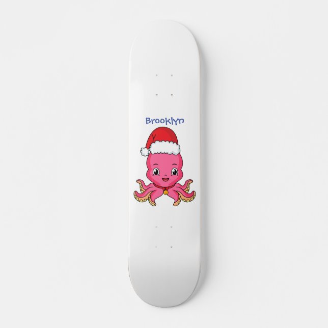 Cute happy octopus wearing Christmas hat cartoon Skateboard (Front)