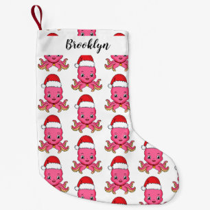 Cute happy octopus wearing Christmas hat cartoon Small Christmas Stocking