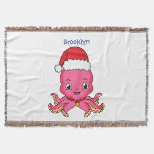 Cute happy octopus wearing Christmas hat cartoon Throw Blanket