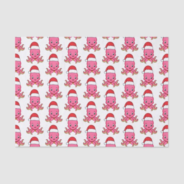 Cute happy octopus wearing Christmas hat cartoon Tissue Paper (Front)