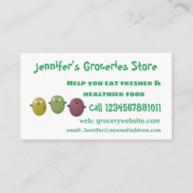 Cute happy olives singing cartoon business card (Front)