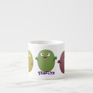 Cute happy olives singing cartoon espresso cup