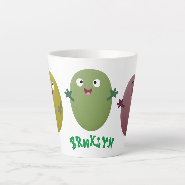 Cute happy olives singing cartoon latte mug (Front)