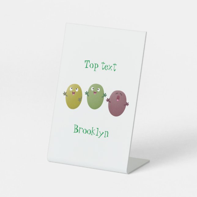 Cute happy olives singing cartoon pedestal sign (Front)