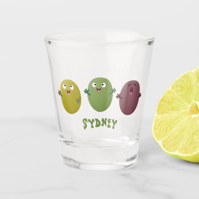 Cute happy olives singing cartoon shot glass (Front)