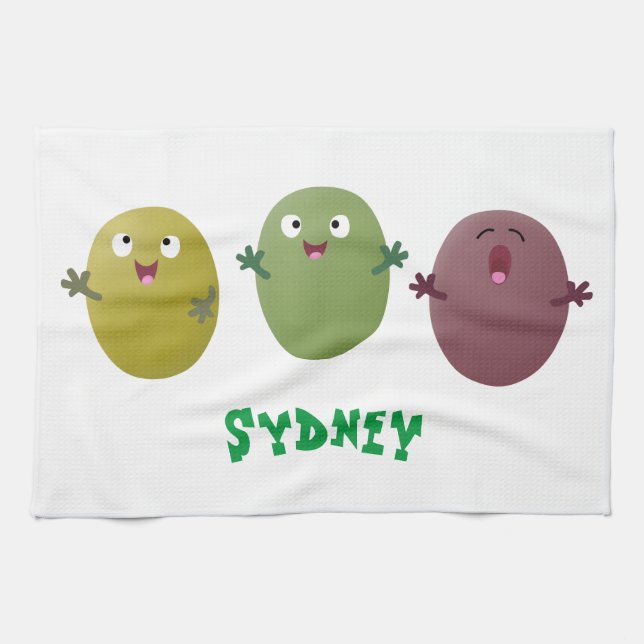 Cute happy olives singing cartoon tea towel (Horizontal)