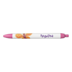 Cute happy orange butterfly cartoon illustration black ink pen