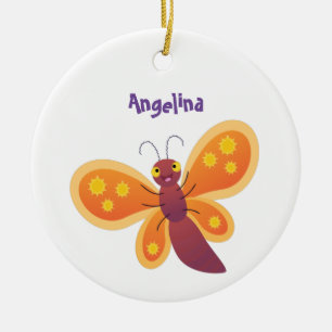 Cute happy orange butterfly cartoon illustration ceramic ornament