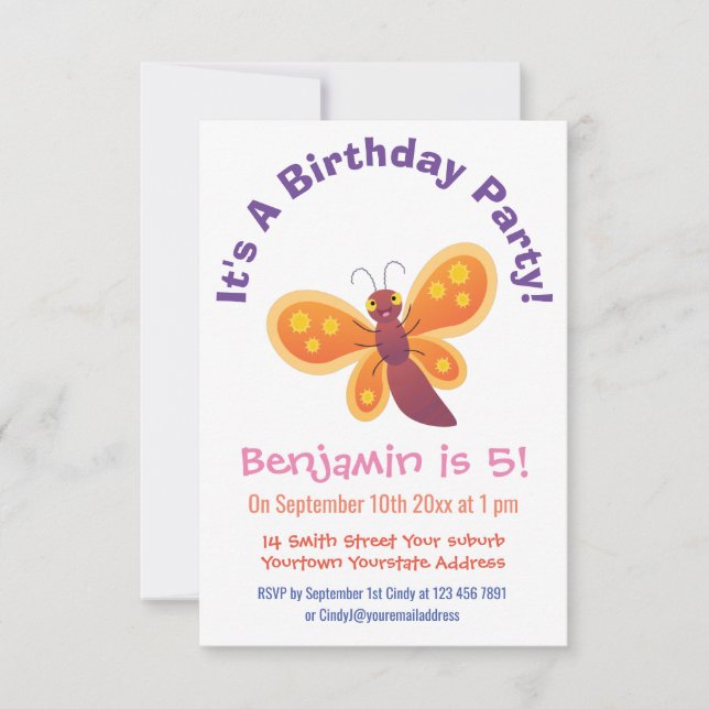 Cute happy orange butterfly cartoon illustration invitation (Front)