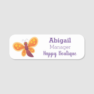 Cute happy orange butterfly cartoon illustration name tag