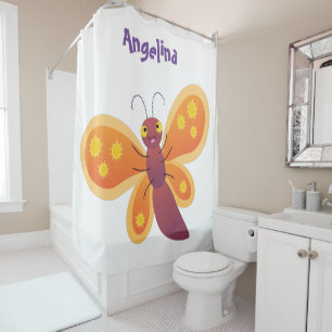 Cute happy orange butterfly cartoon illustration shower curtain