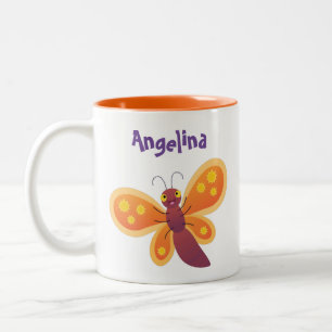 Cute happy orange butterfly cartoon illustration Two-Tone coffee mug