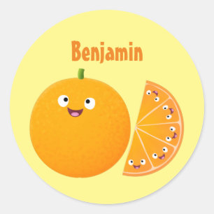 Cute happy orange citrus fruit cartoon classic round sticker