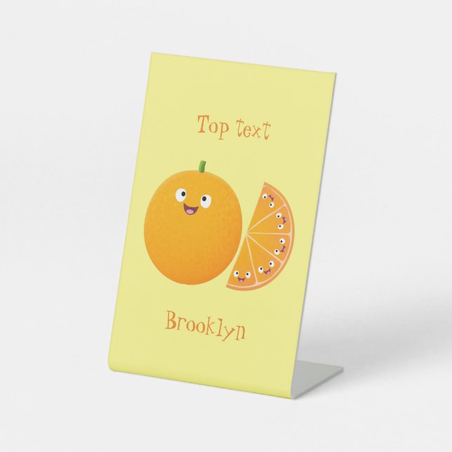 Cute happy orange citrus fruit cartoon pedestal sign (Front)