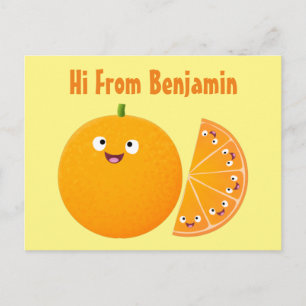 Cute happy orange citrus fruit cartoon postcard