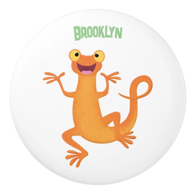 Cute happy orange dancing newt ceramic knob (Front)