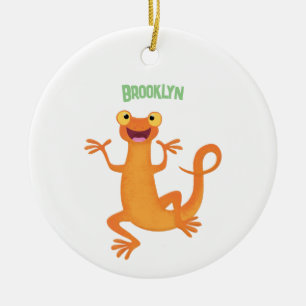 Cute happy orange dancing newt ceramic ornament